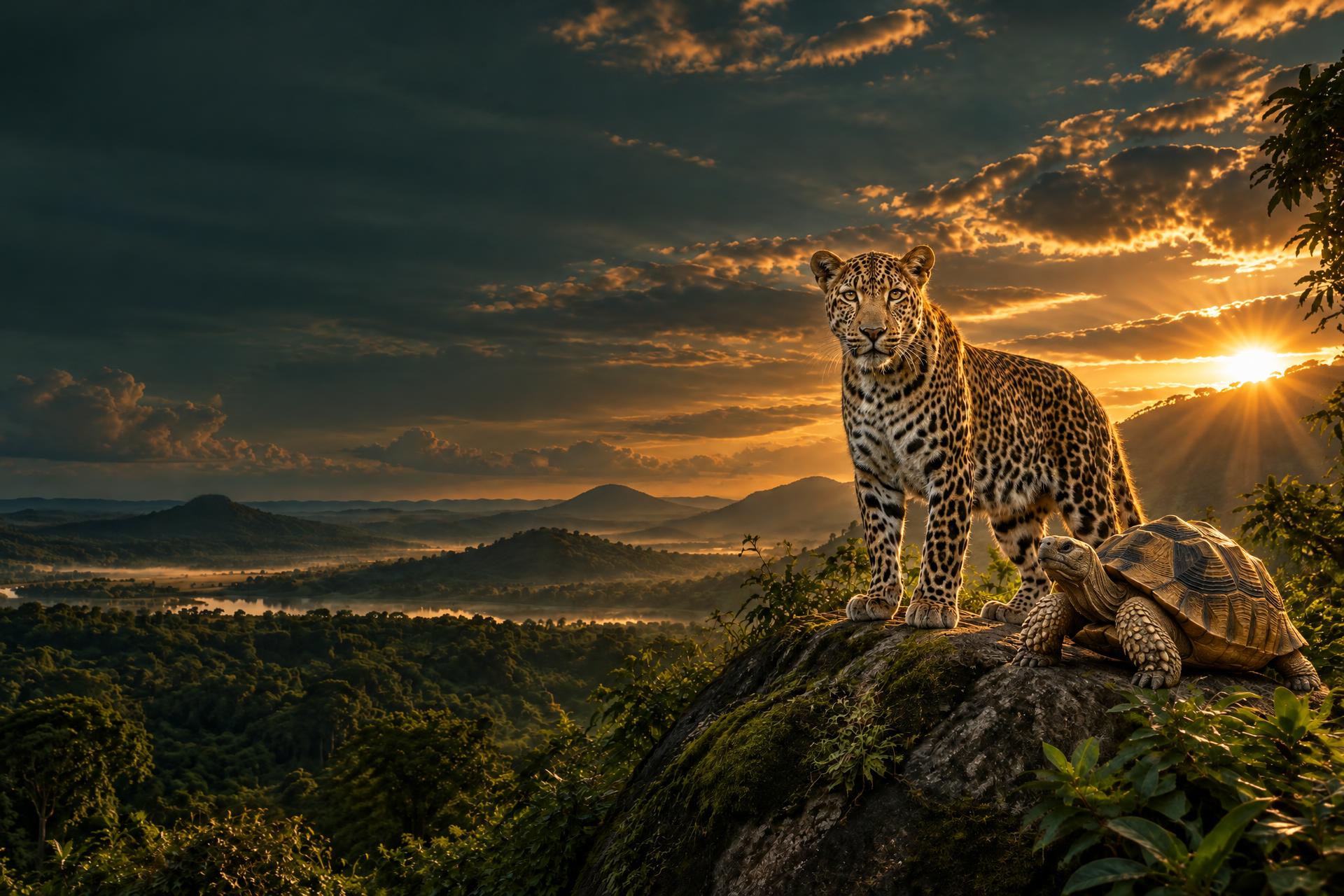 A leopard and a tortoise on a rocky outcrop as piercing golden sunlight breaks across a dark forest horizon